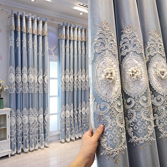 European Style High-End Simple Modern Fabric Sheer Integrated Blackout Double Layer Embossed Embroidered Curtains for Living Room Bedroom Balcony