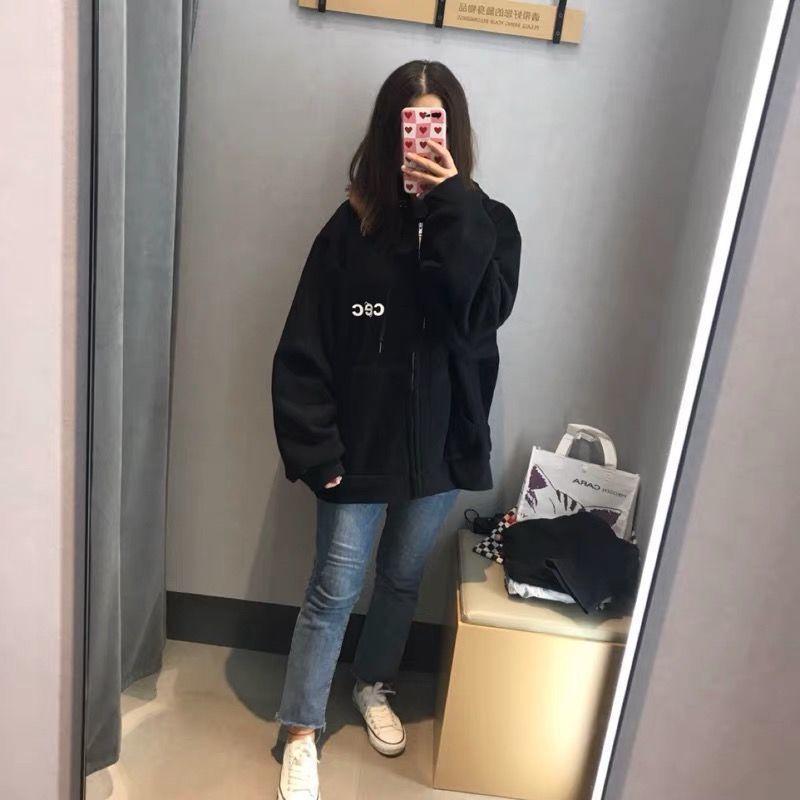 2025Autumn Winter New Couple Outfit Korean Style Printed Zipper Cardigan Hooded Fleece Sweatshirt Loose Fit Student Jacket for Women