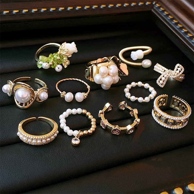Real Gold Plated Baroque Pearl Tulip Flower Open Ring Korean Fresh Sweet Forest Style Light Luxury Jewelry