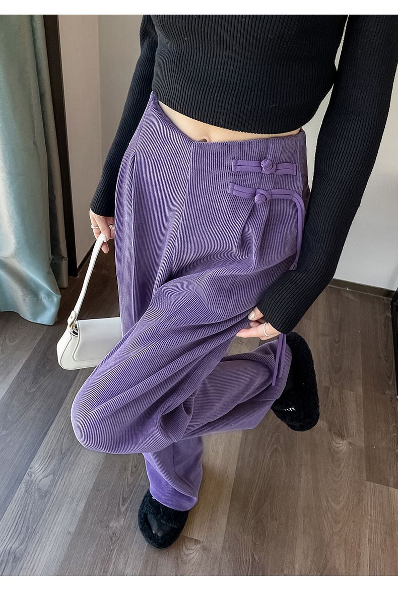 Maillard2025Autumn Winter New Chinese Style Buttoned Fleece Chenille Wide-Leg Pants for Women High Waist Draped Straight-Leg Casual Pants
