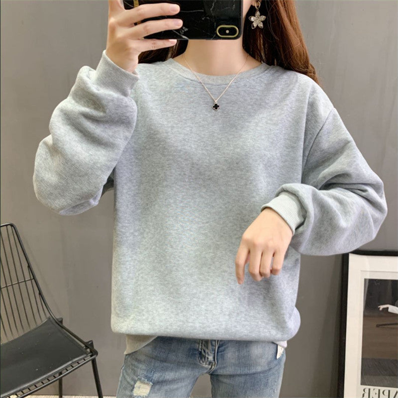 Plain Solid Color Round Neck Student Sweatshirt Fleece Lined Thick Loose Long Sleeve Top Blank Version Jacket Unisex Couple Outfit
