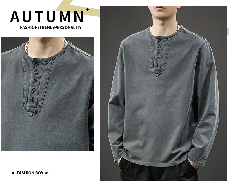 2025New casual men's pure cotton long sleeves t Loose Thin Spring Autumn Trendy Brand Henley Collar Base Shirt Sweatshirt
