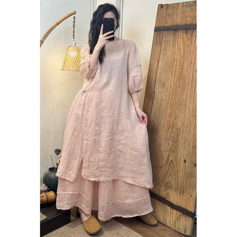 2025Summer New Retro Niche Pure Ramie Handmade Button Lace-up Light National Style Dress