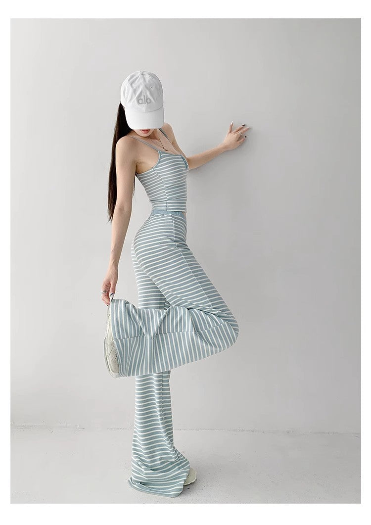 Home Lazy Relaxed Striped Slimming Wide-Leg Pants for Women Summer Hot Girl Fashion Camisole Vest Casual Two-Piece Set