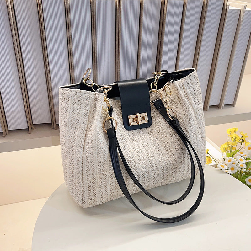 2025Women's Spring New Small Chanel Style Bag for Work Commute Versatile Straw Woven Large Capacity Wide Shoulder Strap Women's Single Shoulder Bag