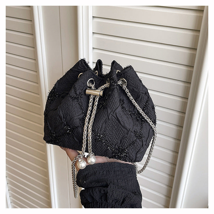 Cross-border Drawstring Bucket Small Bag for Women2025New Stylish Pleated Flower Bag Fashionable Round Chain Crossbody Bag