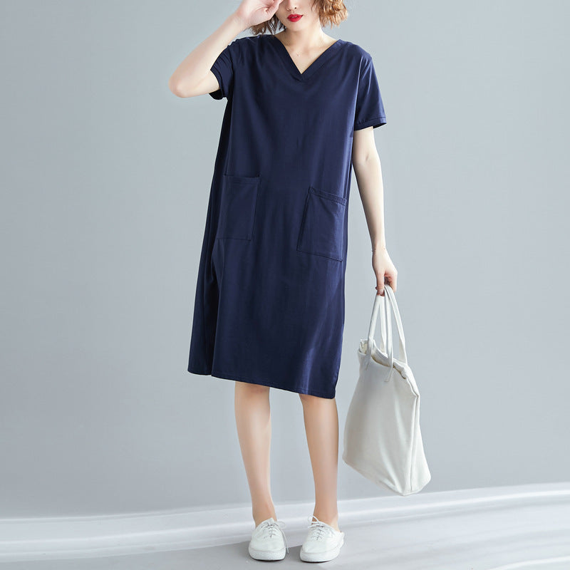 Plus Size Women's Summer Loose Korean Style Mid-Length Dress T Shirt and Skirt for Plus Size mm Solid Color V Collared Slimming Short Sleeve Dress