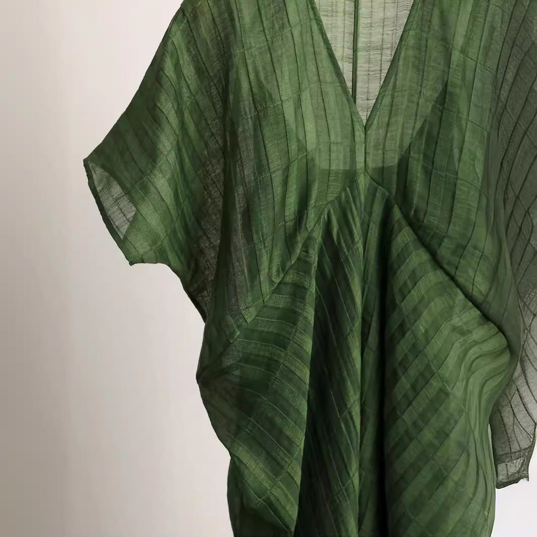 Spot Goods Gracefully Entering_Tencel Linen Blend Three-Dimensional Ribbed Texture Cocoon Design Dress2024Skirt