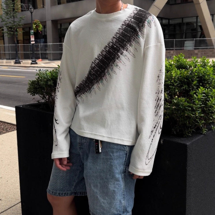 European and American Street Style Loose Printed Pullover Waffle Long Sleeve T Men's American Style Casual Crew Neck Shirt Amazon