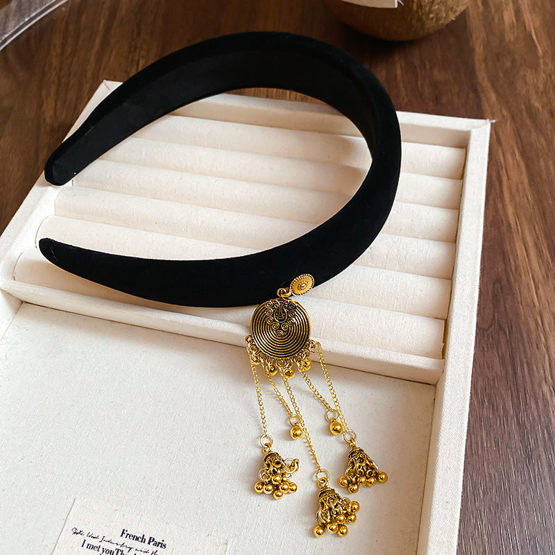 Ethnic Style Velvet Bell Tassel Headband New Chinese Style National Trend High Skull Top Headband Niche High-end Retro Hair Accessory