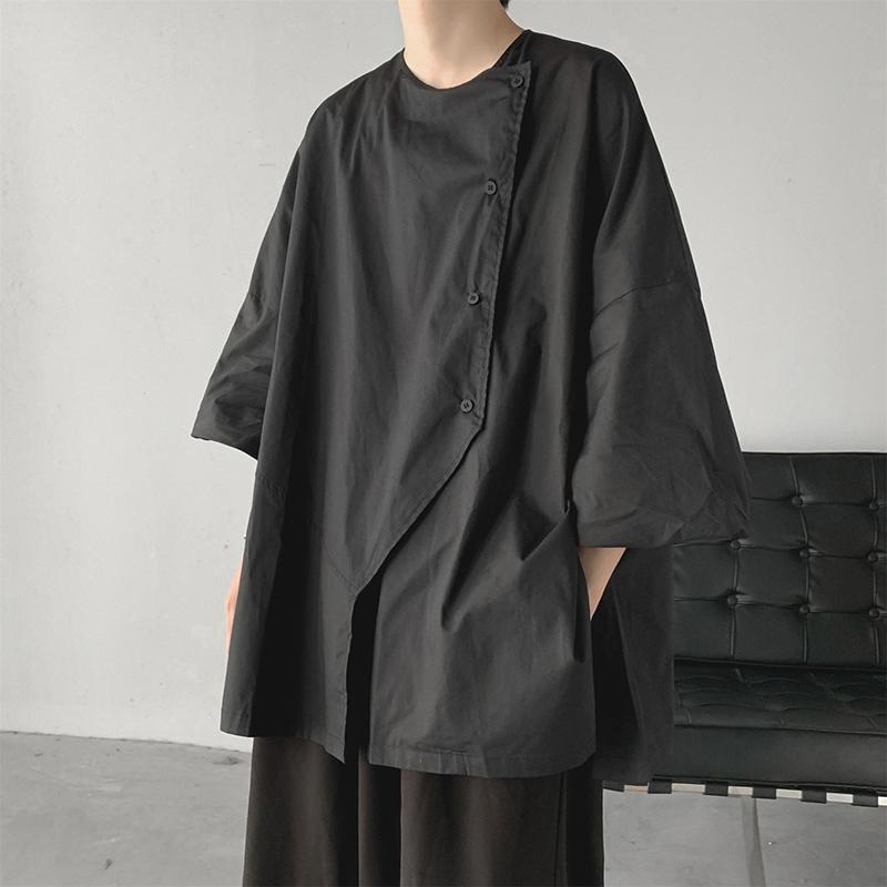 300Plus Size Unique Design Three-Quarter Sleeve Shirt for Men Summer Short Sleeve Cool Japanese Style ins Irregular Top