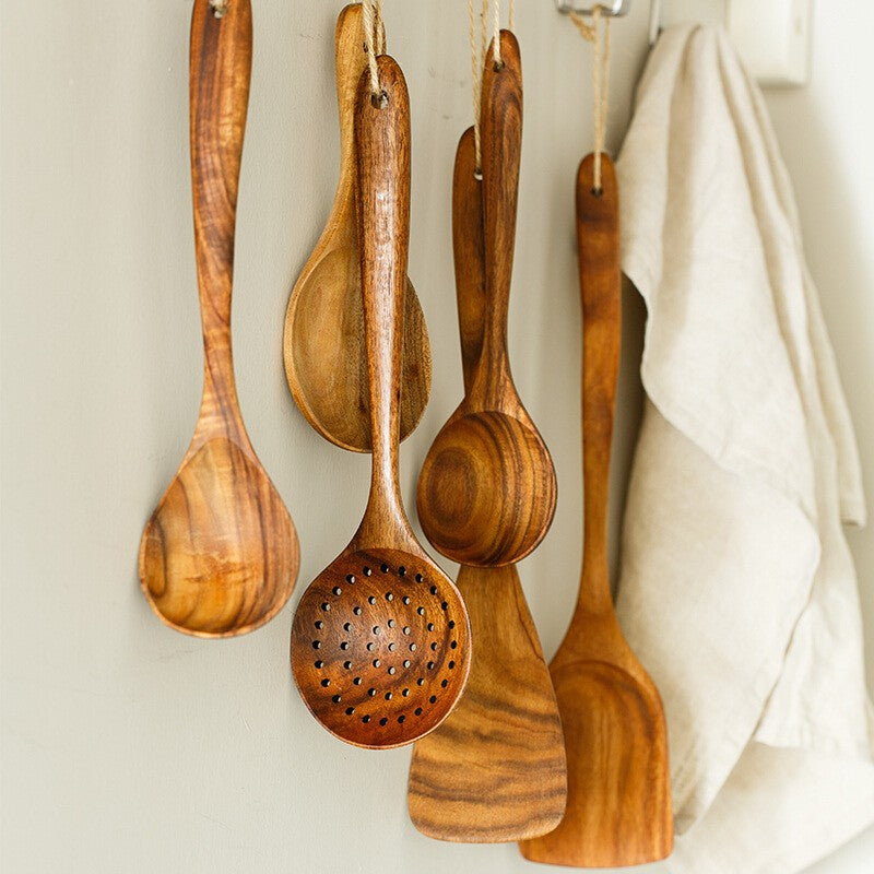 Acacia Wood Spatula Teak Wood Spatula and Spoon Set Solid Wood Household Cooking Spoon Strainer Spoon Small Leaf Three-Line Frying Spatula In Stock