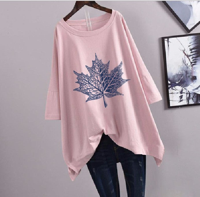200Plus Size Women's Summer Leaf Print Casual Split Mid-Length Short Sleeve Dress T Women's Loose Fit Plus Size Shirt
