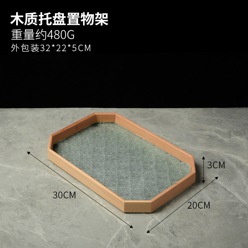 Begonia Embossed Glass Tray Walnut Color Rectangular Tea Tray Storage Ornaments Tea Water Cup Fruit Snack Plate