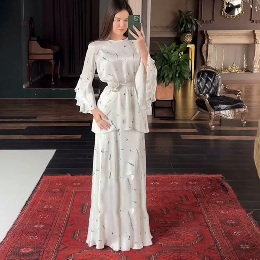 2025New European and American Amazon Cross-Border Women's Fashion Round Neck Printed Long Sleeve Floral Skirt Two-Piece Set