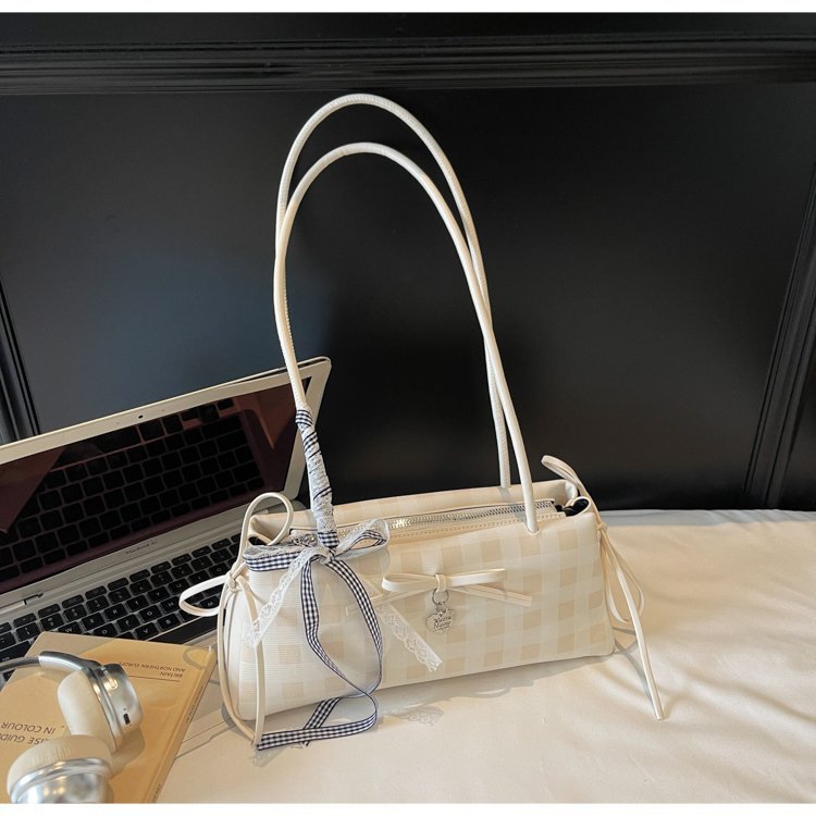 Dopamine Plaid Handbag Small Tote Bag for Women Summer2025New Ballet Style Bow Baguette Bag Underarm Bag Trendy