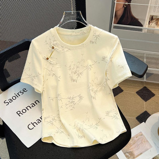 New Chinese Style National Style Button Short Sleeve t Women's Summer T-shirt2024New Women's Loose Slimming Plus Size Round Neck Top