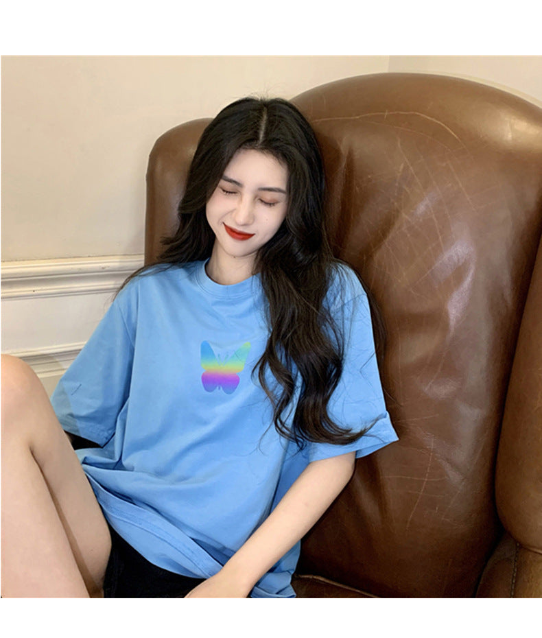 Summer2025New Year's Trendy Internet Celebrity Couple Outfit Reflective Butterfly Short Sleeve t Women's Summer T-shirt ins Super Popular Short Top