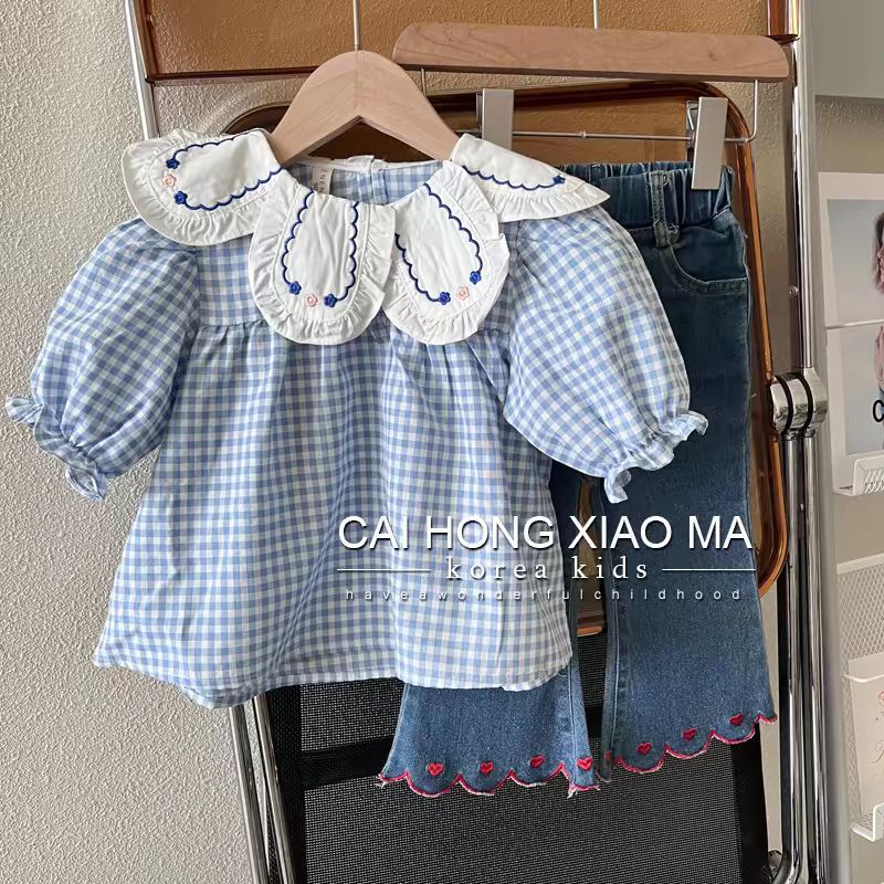 2025Autumn Children's Clothing Girls' Puff Sleeve Shirt Stylish Blue Plaid Baby Doll Long Sleeve Top