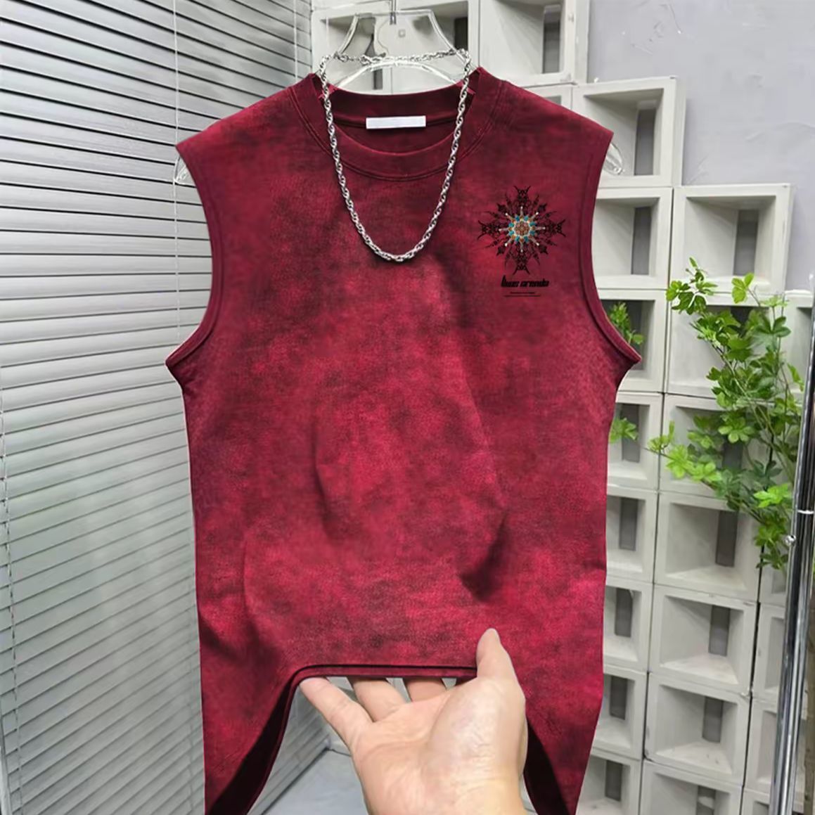 American Style Trendy Brand Fashion2025Fashionable Men's Sleeveless Vest t T-shirt Summer Tie-dye Printed Loose Vest Top