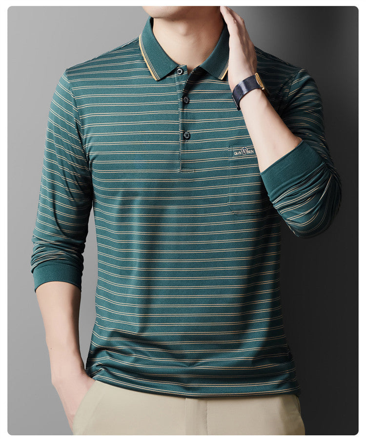 Autumn Men's Long Sleeve Cotton t Shirt for Middle-aged Dad Autumn Outfit with Turn-down Collar and Stripes POLO Base Layer Shirt T Grandpa's clothes