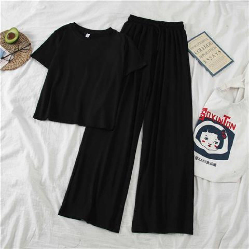 In Stock Cross-Border Amazon Summer New Korean Style Fashionable Petite Height-Enhancing Set Women Short Sleeve Wide-Leg Pants Casual Pants
