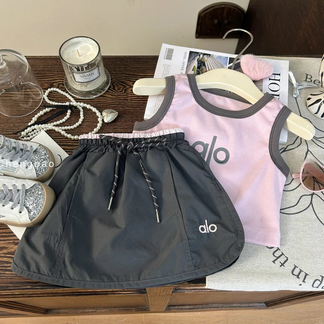 Sweet Little Chef Children's Clothing25New Summer Girls Color Block Letter Short Sleeves T Trendy Pink Skirt Pants Two-Piece Set for Children