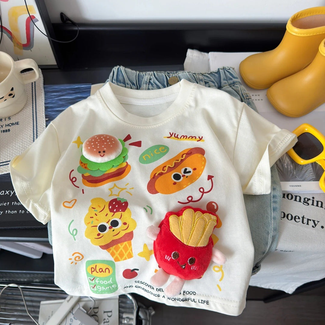 3D Doll Children's Short Sleeve T Summer T-shirt2025New Loose Korean Style Cartoon Top Fashionable Base Shirt Trendy T