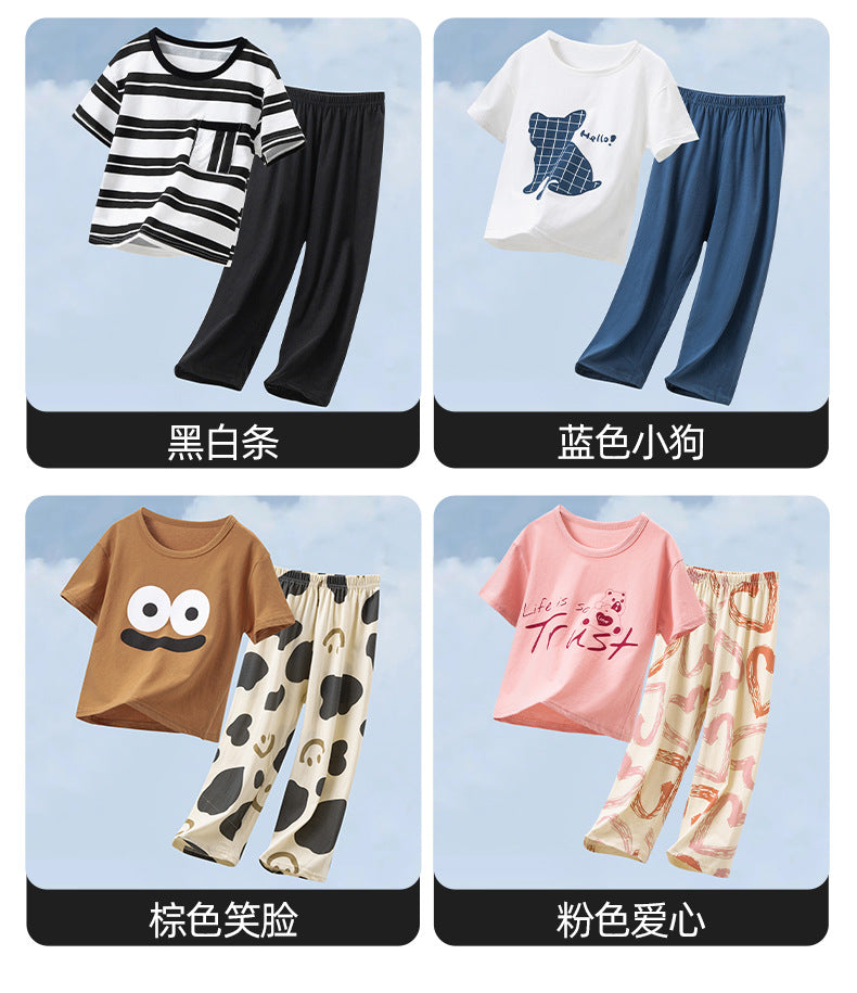 Parent-Child Cotton Homewear Summer Style Children's Short Sleeve Long Pants Set Cartoon Air Conditioning Clothing Sweat-Absorbing Printed Pajamas Couple Outfit
