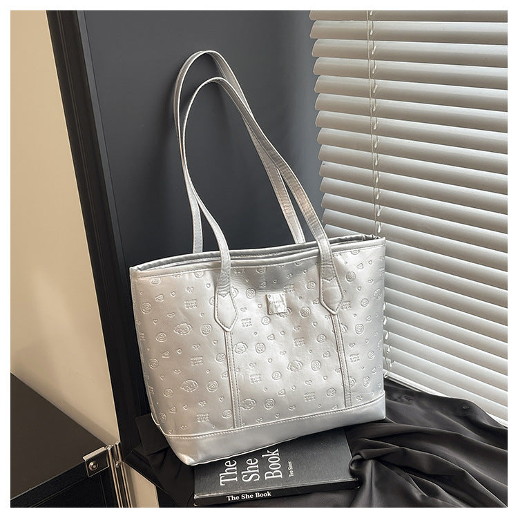 European and American Trendy Simple Large Capacity Tote Bag2025New high-value casual cute embossed single-shoulder handbag