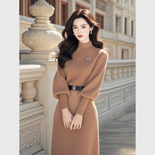 2024Winter French Style High-End Elegant Waist-Cinching Little Chanel Style Khaki Long-Sleeve Knitted Dress for Women