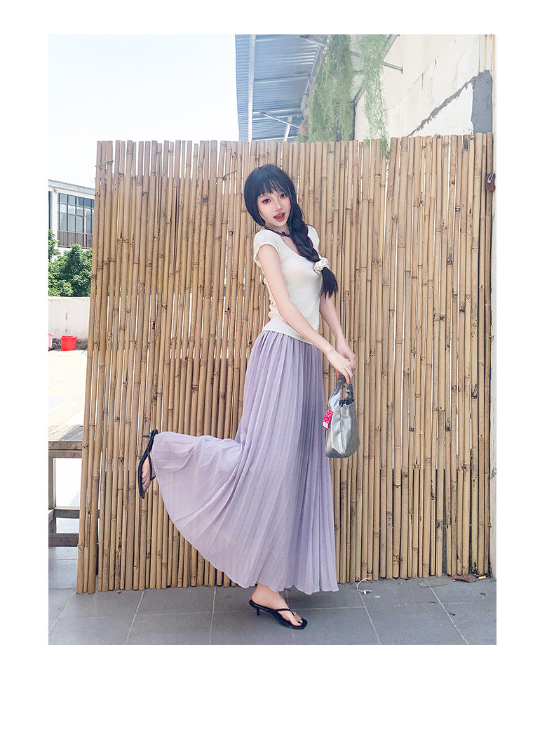 Thirteen Lines·Yunheyu Gentle Light Purple Pleated Long Skirt for Women Versatile Casual Vacation Style Draped Half Skirt