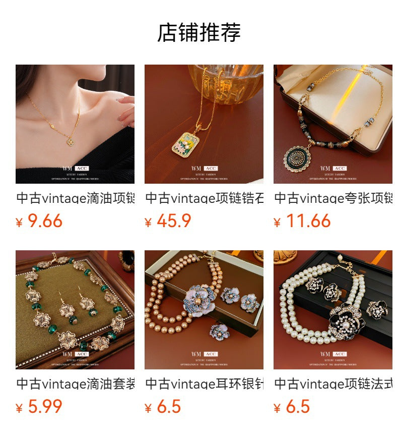 Medieval vintage Oil Drip Flower Necklace Vintage Court Style Fashion Versatile Collarbone Chain Exquisite Versatile Jewelry