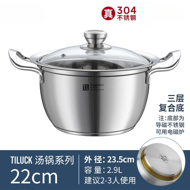304Stainless Steel Soup Pot for Home Use, Non-Coated Instant Noodle Pot, Double Ear Small Pot, Steamer, Special for Gas and Induction Cookers