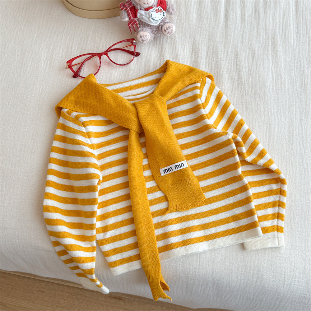 Girls' Striped Shawl Knitted Base Shirt for Outerwear, Autumn New Fashionable Color-Block Round Neck Long Sleeve T T shirt
