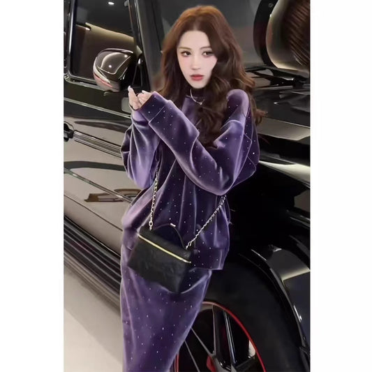 Spring High-End Exquisite Luxury Style Little Chanel Purple Sequin Velvet Dress Set