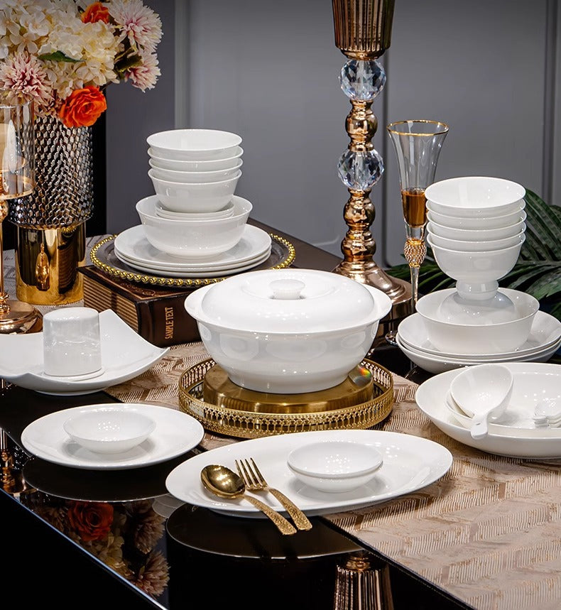 Tangshan Bone China Pure White Underglaze Color Bowl and Plate Set Household Combination Tableware Set Bowl Plate Dish Gift Box High Temperature Porcelain