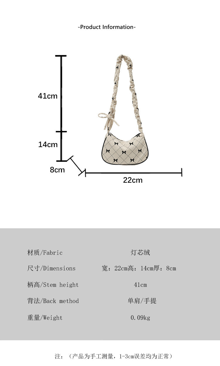 Sweet Bow Plaid Single Shoulder Underarm Crescent Bag2024Autumn new simple casual large capacity handbag