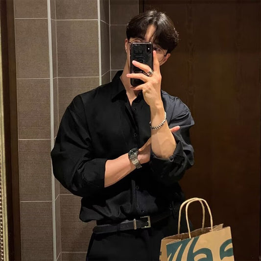 Light Mature High-End Feel Non-Iron Solid White Shirt Men's Draped Korean Style Loose Plus Size Casual Long Sleeve Base Shirt