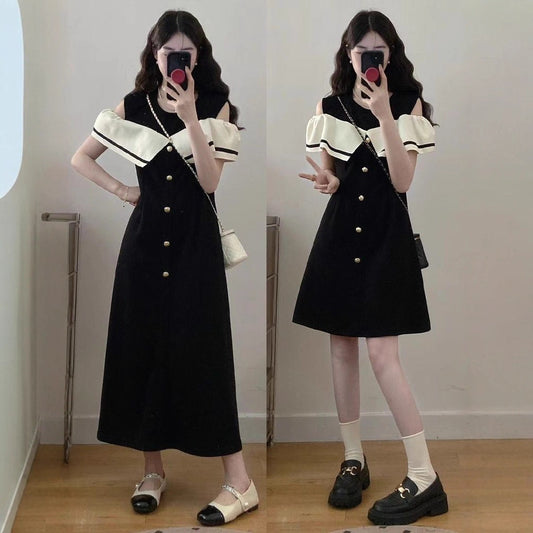 Plus Size Fat mm Korean Style Elegant Ruffled Off-Shoulder Short Sleeve Dress Women's Summer Fashionable Youthful Mid-Length Dress