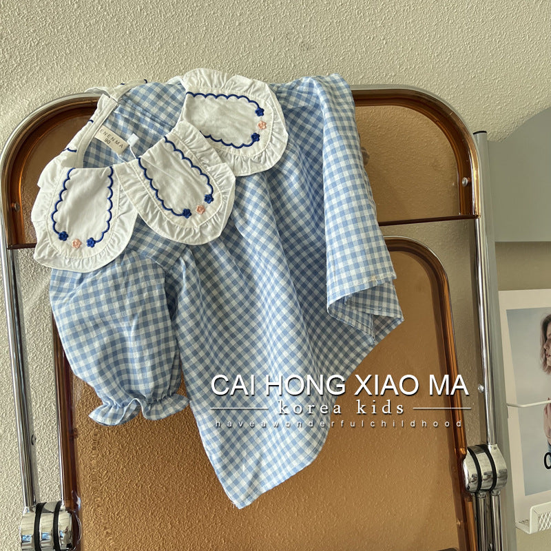 2025Autumn Children's Clothing Girls' Puff Sleeve Shirt Stylish Blue Plaid Baby Doll Long Sleeve Top