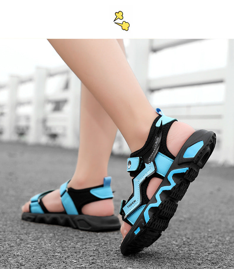 Boys' Fashion Sandals Summer New Children's Velcro Big Kids Student Sports Soft Sole Beach Shoes Non-Slip