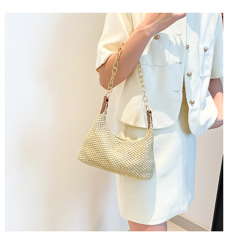 South Korea ins Vintage Woven Tote Bag Straw Bag Large Capacity Underarm Bag Shoulder Bag Vacation Style Beach Bag for Women