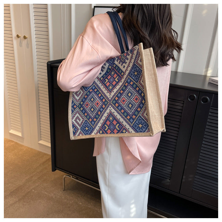 Large Capacity Commuter Bag Women2023New Fashion Single Shoulder Tote Bag Ethnic Style Student Handbag Class Bag Trendy