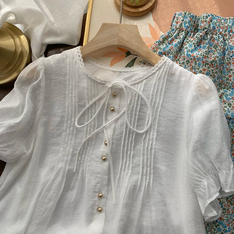 Real Shot◆Private Server Edition！French Style Round Neck Breathable Comfortable Light Pink Lace-Up Loose Shirt Chiffon Blouse