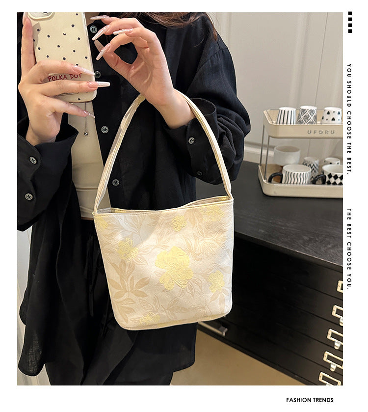 Lady's New Chinese Style Starlight Dream Tote Bag Black Shoulder Bag Embroidered Flower Vintage Handbag