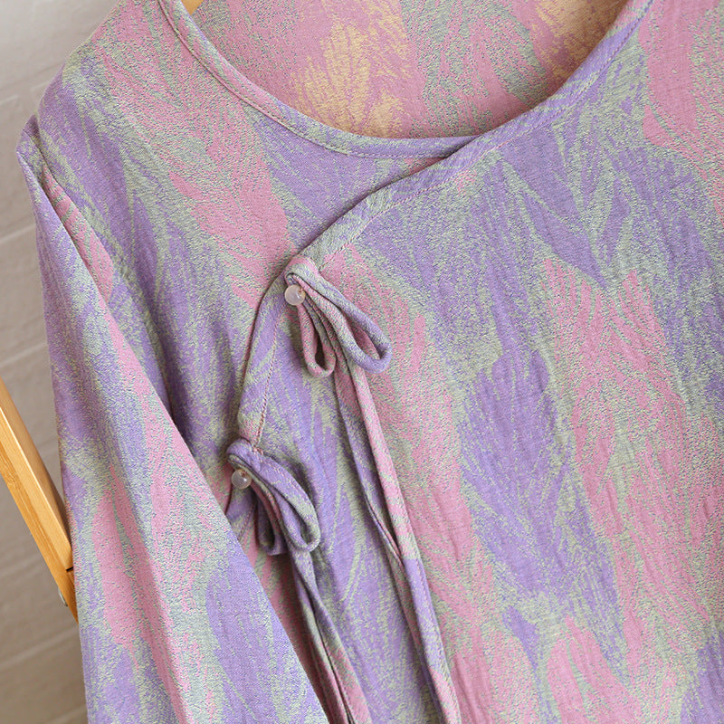 Yarn-Dyed Women's Thin Cotton Jacquard Feather Retro Chinese Style Spring Summer Homewear Loose Pajama Set Dropshipping