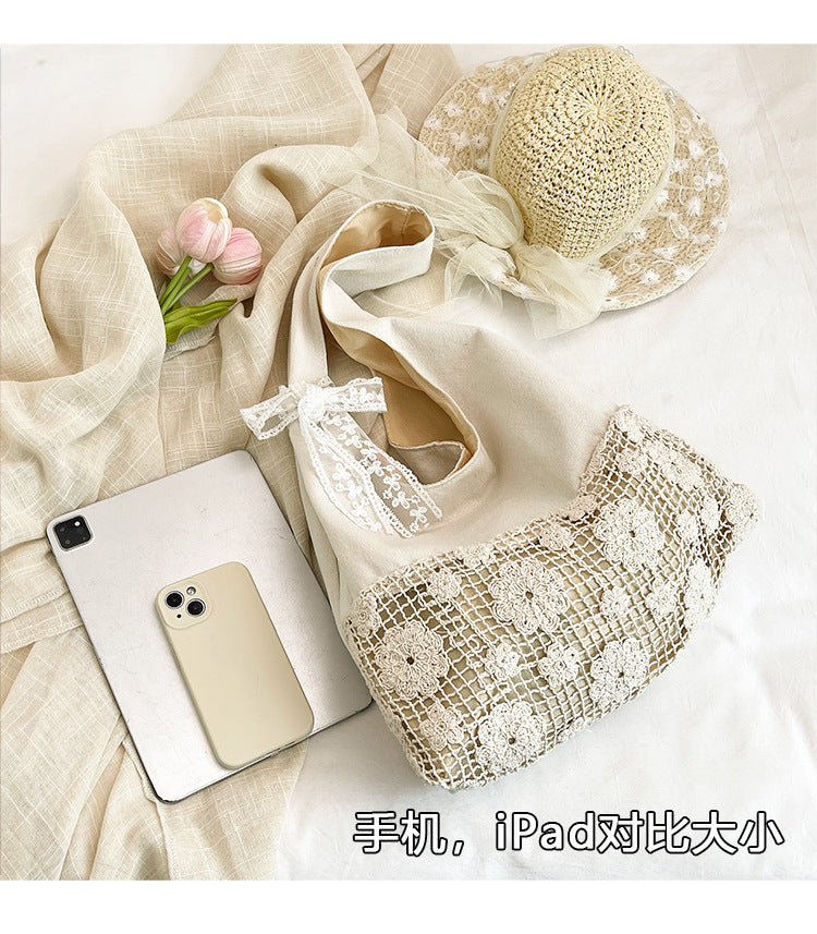 Design Summer Vacation Style Large Capacity Beach Bag Niche Lace Canvas Underarm Bag Women's Floral Single Shoulder Tote Bag