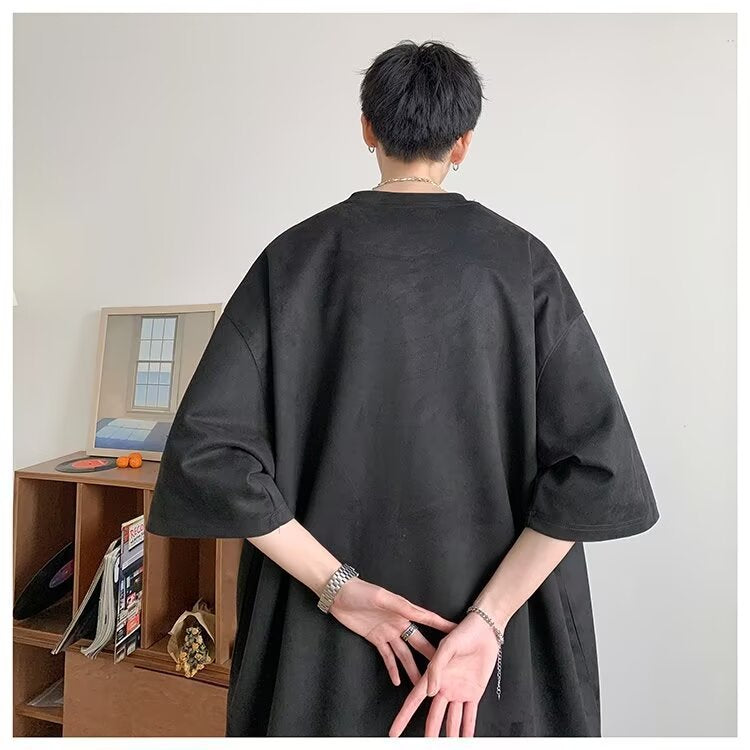 2025New Faux Suede Short Sleeve Men's Summer New American Style Heavyweight Trendy Loose Half Sleeve T Trendy Five-Sleeve Shirt