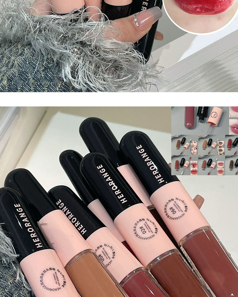 HERORANGE Moisturizing Dual-Ended Lip Gloss Velvet Matte Water Gloss Mirror Double Texture Non-Sticky Lipstick HR499